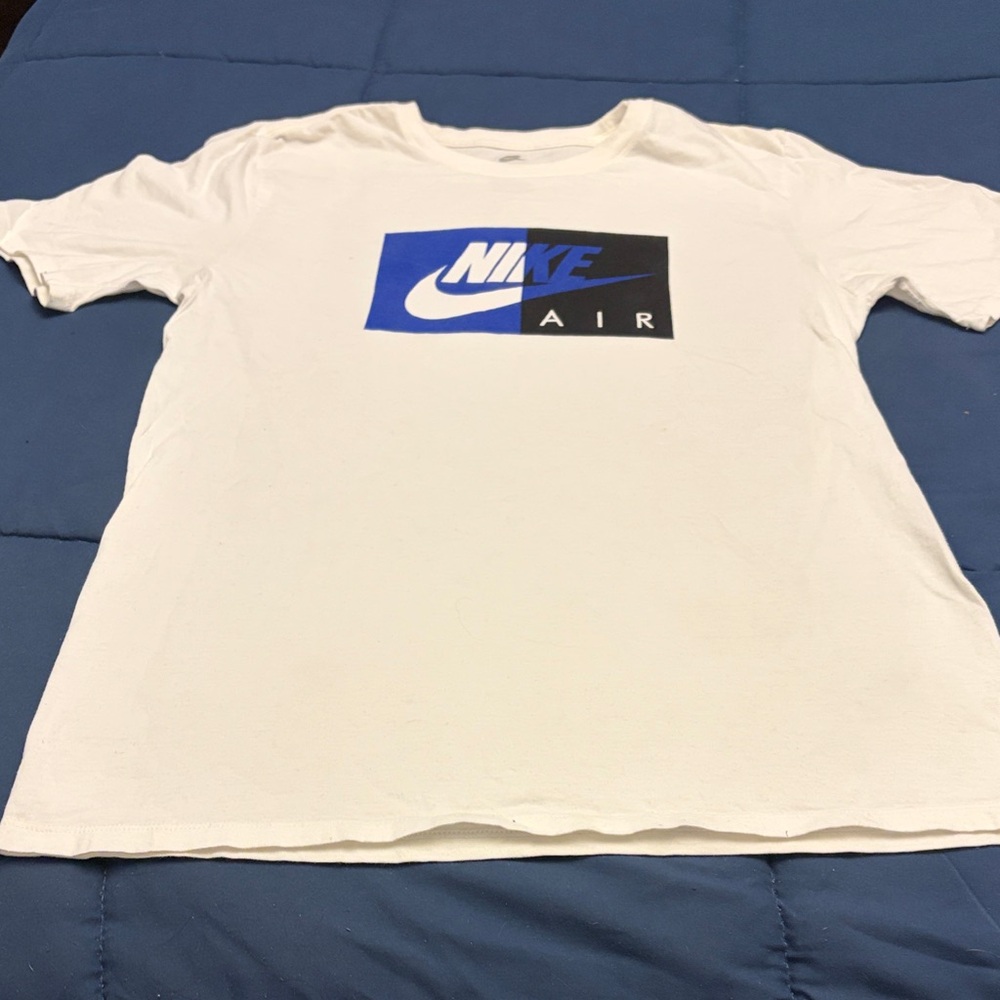 Nike White Tee with Blue and Black Nike Air Logo